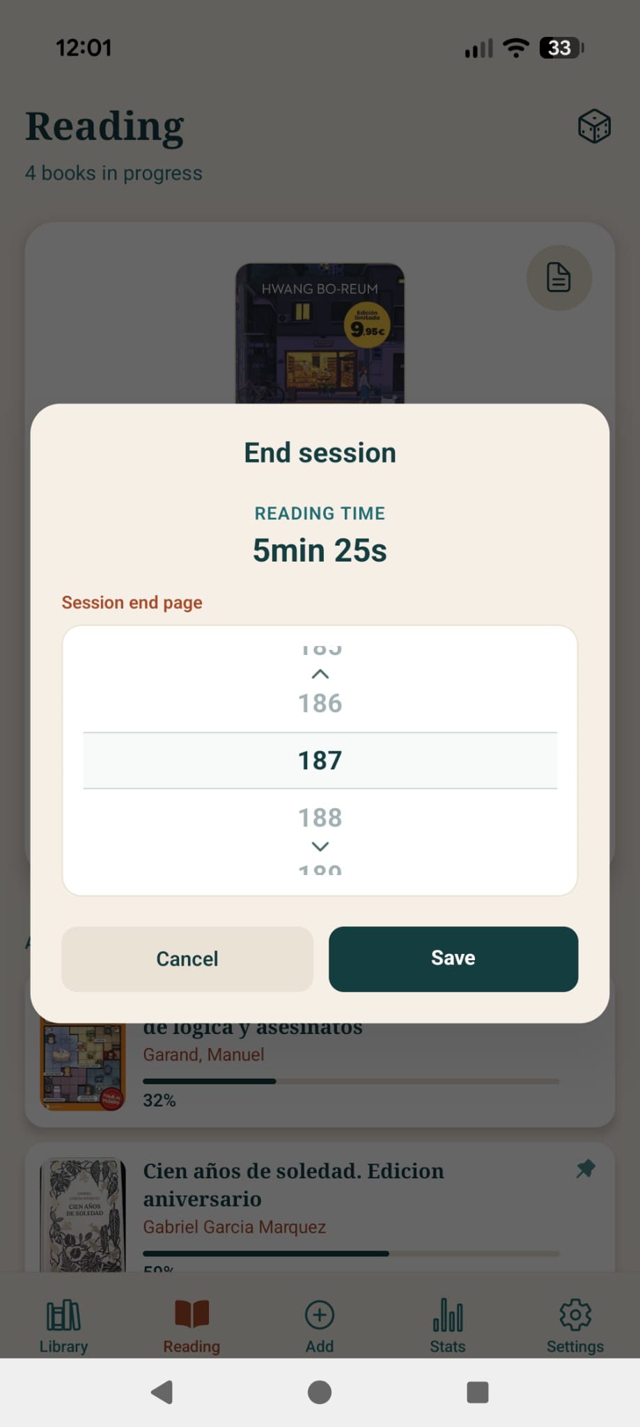 Save reading session screen